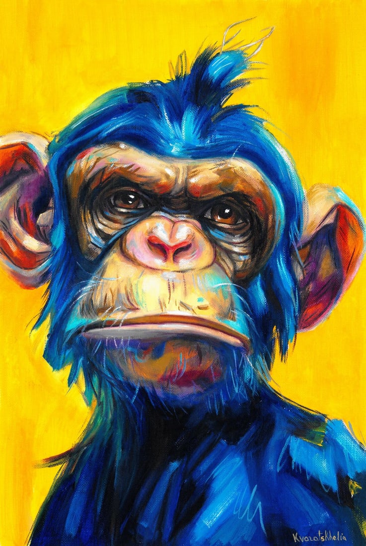 Alina Kvaratshelia (Ukraine,20/21C) oil painting: ARTIST: Alina Kvaratshelia (Ukrainian, 20/21 centuries) TITLE: Monkey MEDIUM: oil on heavy paper CONDITION: Very good. No visible inpaint under UV light. ART SIZE