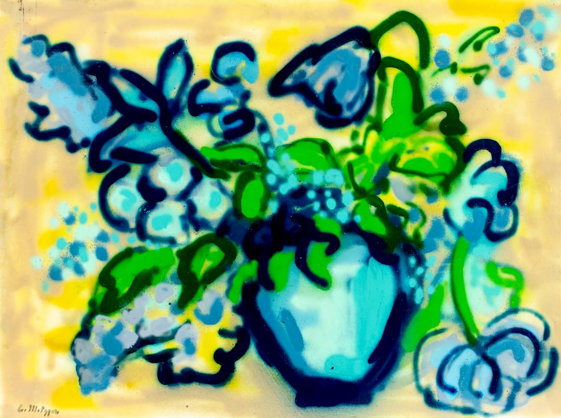 Evelyn Metzger (NY,Brazil,1911-2007) acrylic painting: ARTIST: Evelyn Borchard Metzger (New York, Brazilian, 1911 - 2007) TITLE: Still Life with Vase of Flowers MEDIUM: acrylic on board CONDITION: Some scratches/paint losses mos