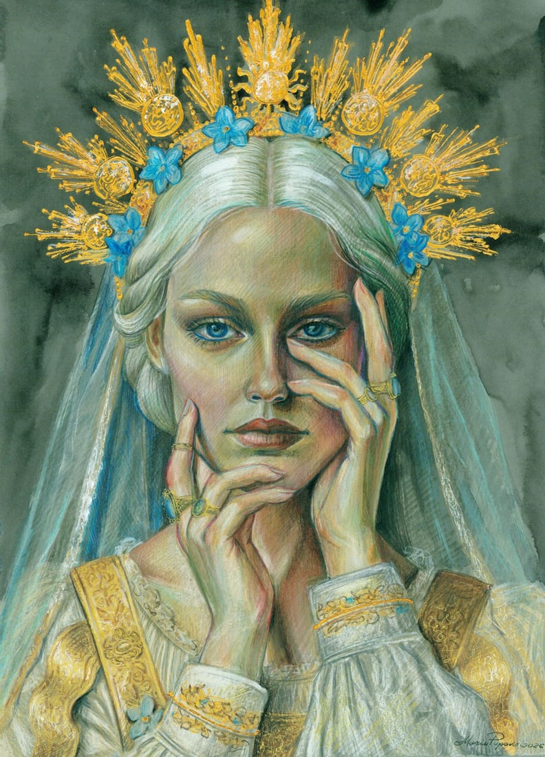 Maria Popova (Ukraine,b 1995) mixed media painting: ARTIST: Maria Popova (Ukrainian, born 1995) TITLE: Portrait of Woman with Golden Crown MEDIUM: mixed media on heavy paper CONDITION: Very good. ART SIZE: