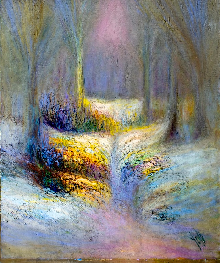 Yolanda Razzeto (Peru,1948-?) oil painting: ARTIST: Yolanda Razzeto (Peruvian, 1948 - ???) TITLE: Forest Landscape MEDIUM: oil on canvas CONDITION: Unstretched (In-House stretching available). Few minor paint losses