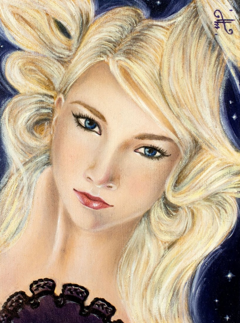 Monika Holloway (Polish,UK,20/21C) oil painting: ARTIST: Monika Holloway (Poland, United Kingdom, 20/21 centuries) TITLE: Forbidden Love (titled on verso) YEAR: 2015 MEDIUM: oil on board CONDITION: Very