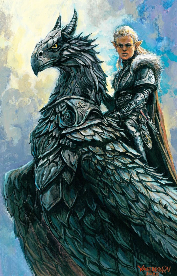 Aleksandr Yastrebov (Ukraine,b 1989) oil painting: ARTIST: Aleksandr Yastrebov (Ukrainian, born 1989) TITLE: Elf Riding Dragon MEDIUM: oil on heavy paper CONDITION: Very good. No visible inpaint under UV light. AR