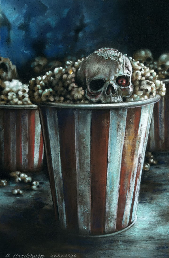 Aleksandra Kravchuta (Ukraine,20/21C) pastel painting: ARTIST: Aleksandra Kravchuta (Ukrainian, 20/21 centuries) TITLE: Popcorn with Skull MEDIUM: pastel on heavy paper CONDITION: Very good. ART SIZE: 12 x 8