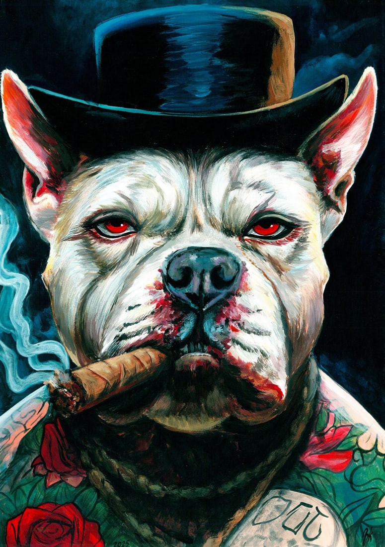 Kateryna Vitrenko (Ukraine,b 2003) acrylic painting: ARTIST: Kateryna Vitrenko (Ukrainian, born 2003) TITLE: Bulldog with Cigar MEDIUM: acrylic on heavy paper CONDITION: Very good. ART SIZE: 12 x 8 inches /