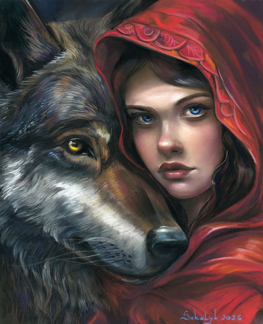 Vira Sokolyk (Ukraine,b 1999) pastel painting: ARTIST: Vira Sokolyk (Ukrainian, born 1999) TITLE: Little Red Riding Hood and the Wolf MEDIUM: pastel on heavy paper CONDITION: Very good. ART SIZE: 12 x
