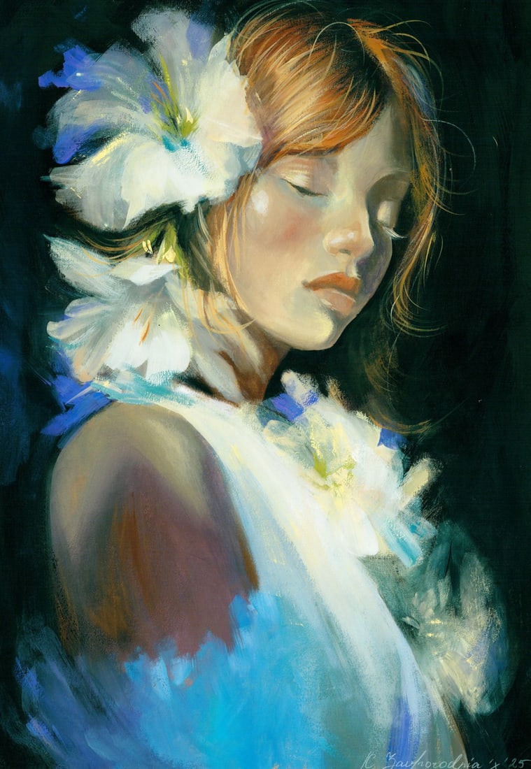 Katerina Zavgorodnya (Ukraine,20/21C) acrylic painting: ARTIST: Katerina Zavgorodnya (Ukrainian, 20/21 centuries) TITLE: Portrait of Woman MEDIUM: acrylic on heavy paper CONDITION: Minor damages to the lower corners. No visible i