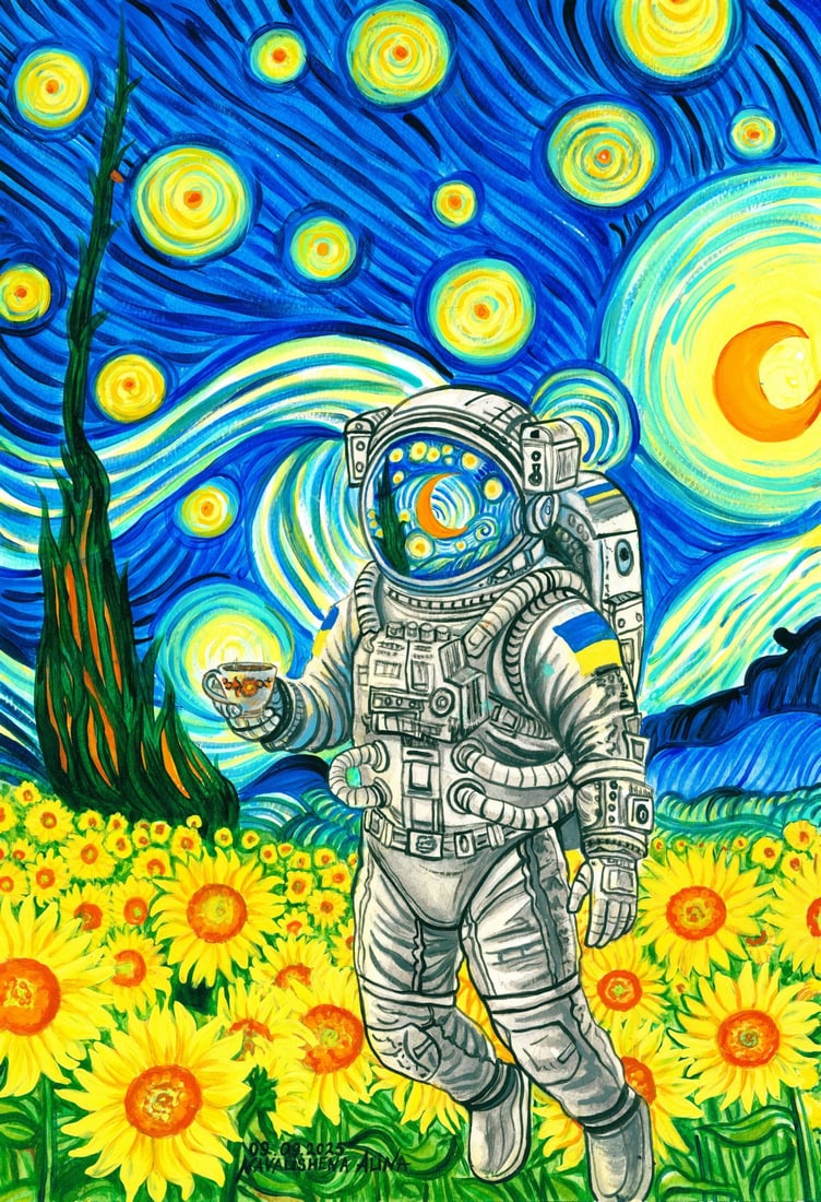 Alina Navalishena (Ukraine,20/21C) acrylic painting: ARTIST: Alina Navalishena (Ukrainian, 20/21 centuries) TITLE: Surreal Scene with Astronaut MEDIUM: acrylic on paper CONDITION: Very good. ART SIZE: 17 x