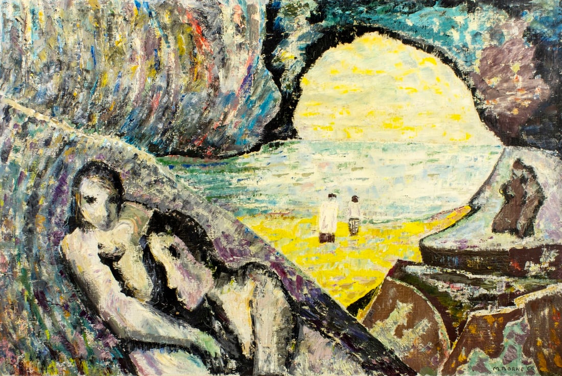 Mortimer Borne (NY,Poland,1902-1987) oil painting: ARTIST: Mortimer Borne (New York, Polish, 1902 - 1987) TITLE: Lovers in a Cave YEAR: 1966 MEDIUM: oil on canvas CONDITION: Few small paint losses. Minor
