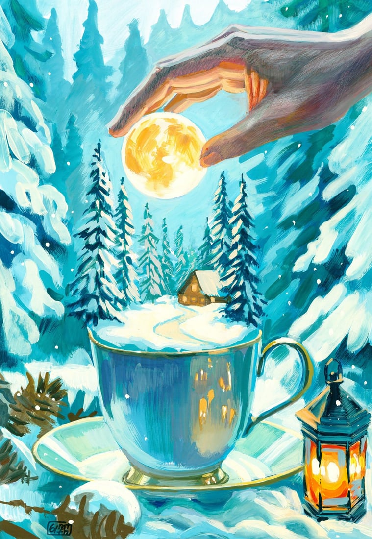 Halyna Yeromenko Afana (Ukraine,20/21C) acrylic painting: ARTIST: Halyna Yeromenko Afana (Ukrainian, 20/21 centuries) TITLE: Surreal Scene with Cup MEDIUM: acrylic on heavy paper CONDITION: Very good. ART SIZE: