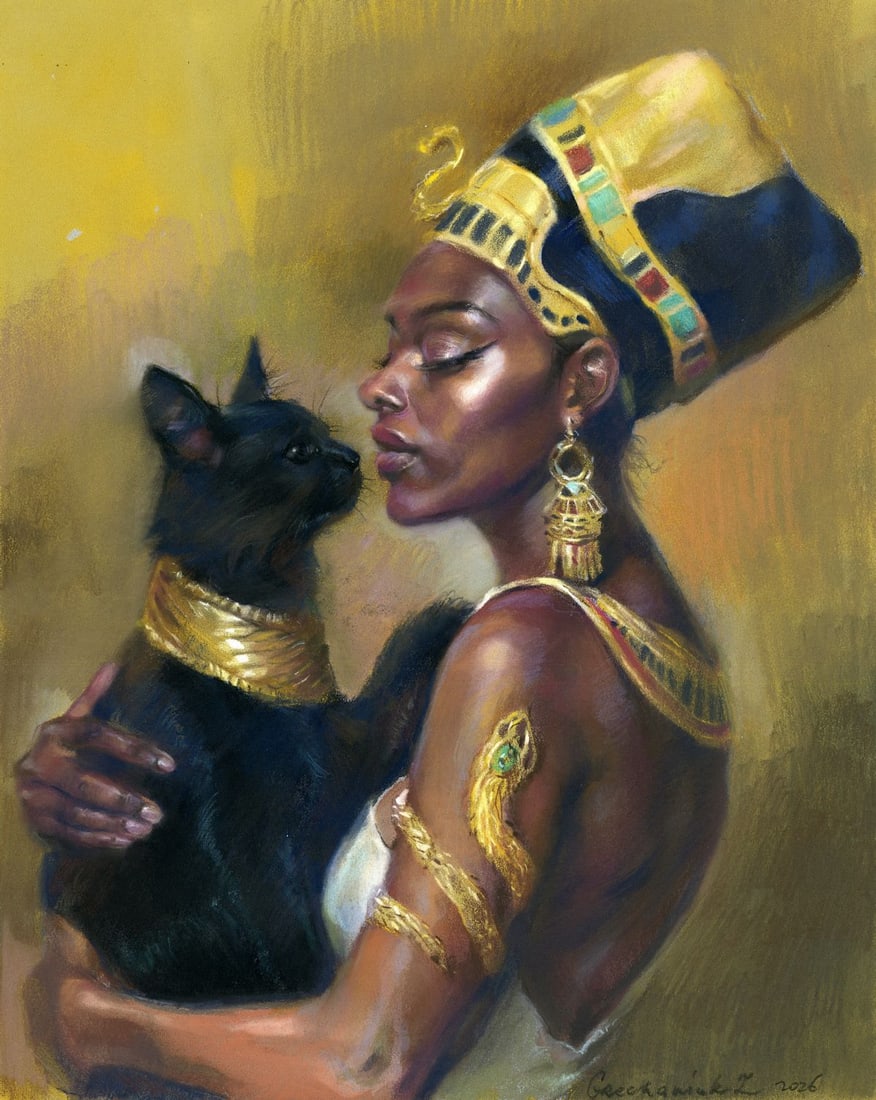Zoya Grechanyuk (Ukraine,b 1977) pastel painting: ARTIST: Zoya Grechanyuk (Ukrainian, born 1977) TITLE: Egyptian Woman with Cat MEDIUM: pastel on heavy paper CONDITION: Very good. ART SIZE: 12 x 9 inches