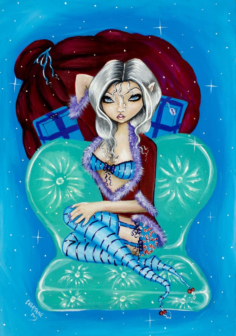Charmaine Flannery (US,20/21C) acrylic painting: ARTIST: Charmaine Flannery (American, 20/21 centuries) TITLE: Naughty or Nice (titled on verso) YEAR: 2013 MEDIUM: acrylic on board CONDITION: Very good.
