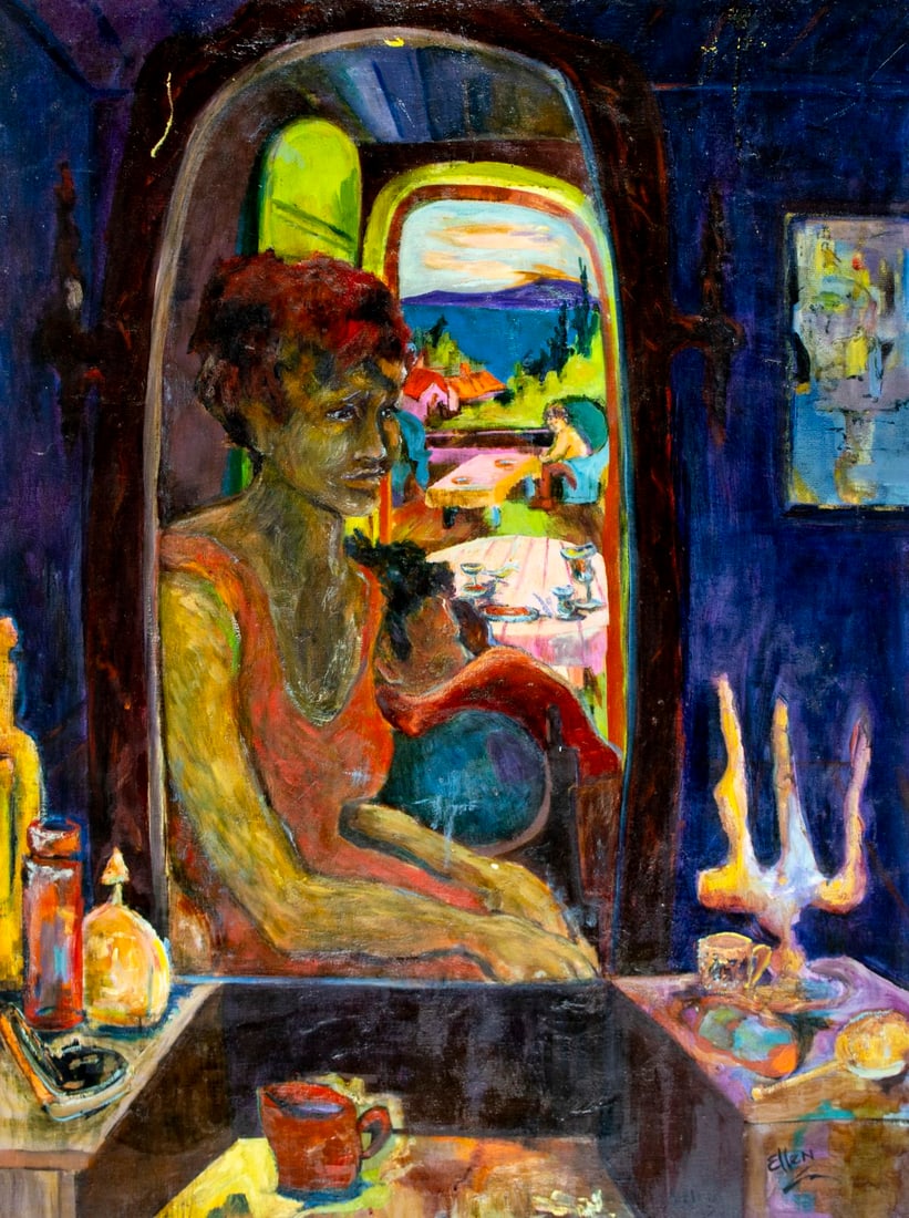 Ellen Black (CA,20C) oil painting: ARTIST: Ellen Black (California, 20 century) TITLE: Awaiting Ajijic (titled on verso) MEDIUM: oil on canvas CONDITION: Some scratches/paint losses. No visible inpaint under