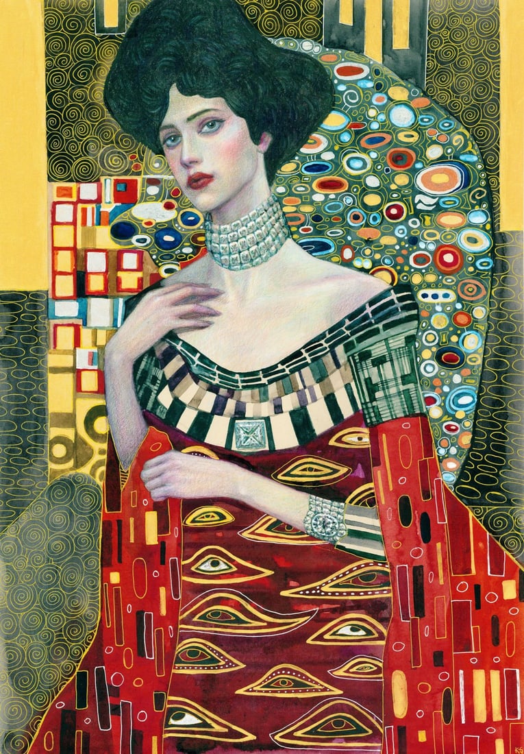 Katerina Grigorenko (Ukraine,b 1999) mixed media painting: ARTIST: Katerina Grigorenko (Ukrainian, born 1999) TITLE: Portrait of Woman in Red MEDIUM: mixed media on heavy paper CONDITION: Very good. ART SIZE: 17