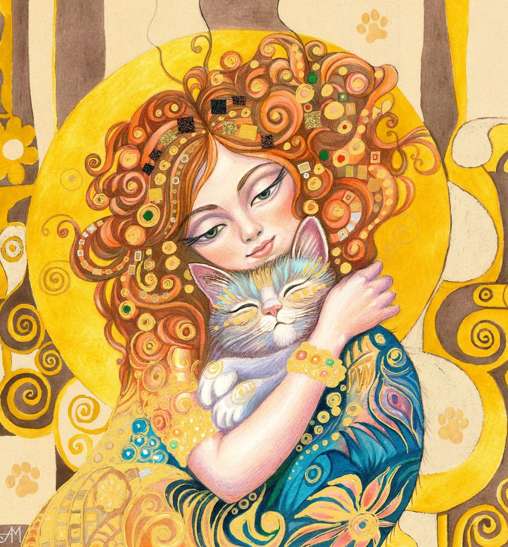 Anastasia Molodchikova (Ukraine,20/21C) mixed media painting: ARTIST: Anastasia Molodchikova (Ukrainian, 20/21 centuries) TITLE: Girl with Cat (titled on verso) MEDIUM: mixed media on heavy paper CONDITION: Very good. ART SI