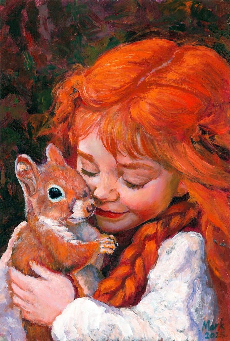 Mark Zybkin (Ukraine,20/21C) oil painting: ARTIST: Mark Zybkin (Ukrainian, 20/21 centuries) TITLE: Girl with Squirrel MEDIUM: oil on heavy paper CONDITION: Very good. No visible inpaint under UV light. ART