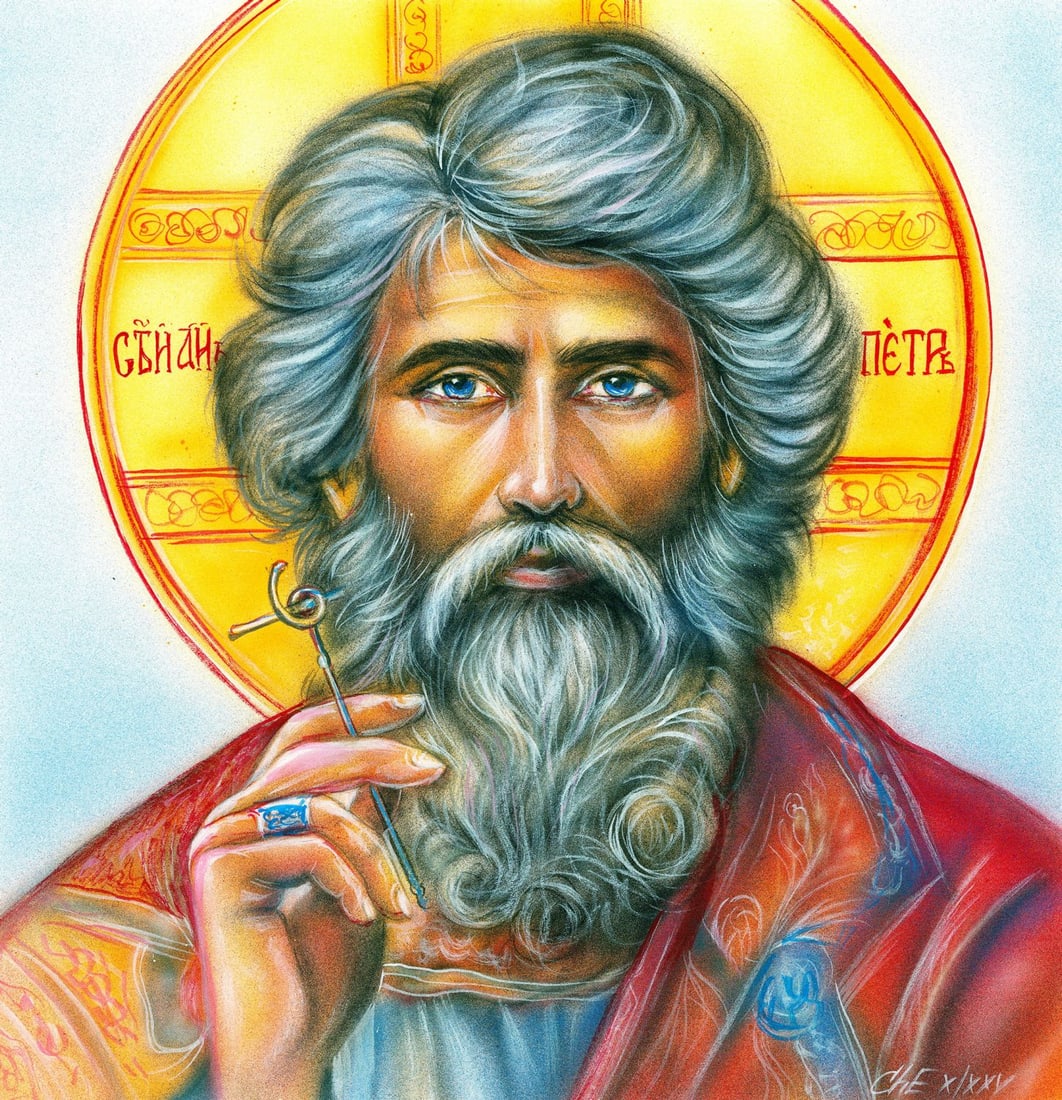 Evgeniy Chunikhin (Ukraine,b 1976) acrylic painting: ARTIST: Evgeniy Chunikhin (Ukrainian, born 1976) TITLE: Orthodox Portrait of Saint Peter MEDIUM: acrylic on heavy paper CONDITION: Very good. ART SIZE: 1