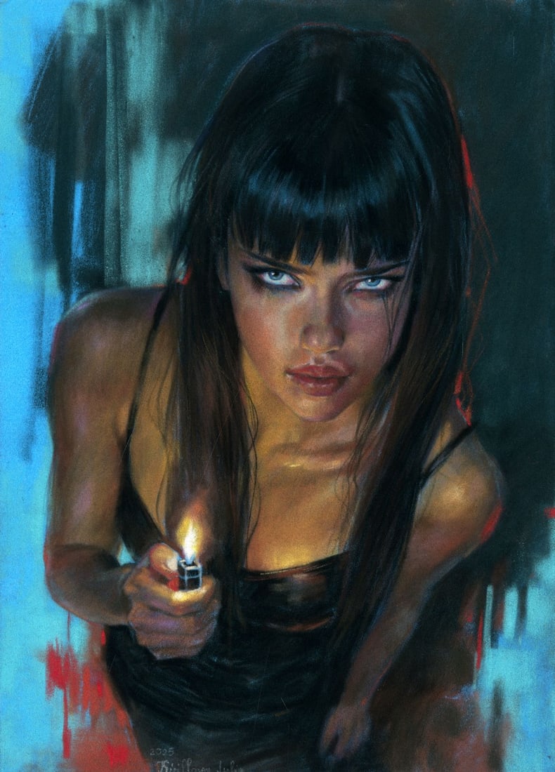 Julia Kirillova (Ukraine,b 1991) pastel painting: ARTIST: Julia Kirillova (Ukrainian, born 1991) TITLE: Woman with Lighter MEDIUM: pastel on heavy paper CONDITION: Very good. ART SIZE: 12 x 8 inches / 30