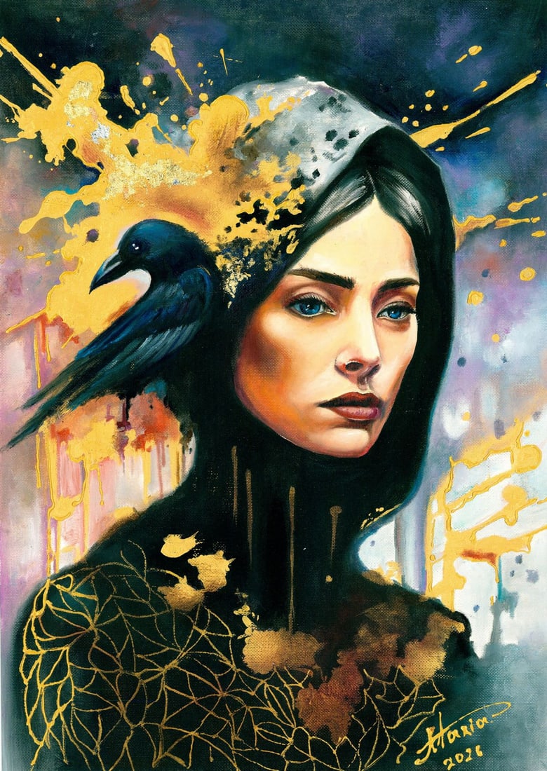 Maria Drachuk (Ukraine,20/21C) mixed media painting: ARTIST: Maria Drachuk (Ukrainian, 20/21 centuries) TITLE: Woman with Raven MEDIUM: mixed media on heavy paper CONDITION: Very good. ART SIZE: 13 x 9 inch