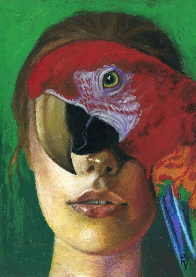 Victoria Borisova (Ukraine,20/21C) pastel painting: ARTIST: Victoria Borisova (Ukrainian, 20/21 centuries) TITLE: Woman with Parrot MEDIUM: pastel on heavy paper CONDITION: Very good. ART SIZE: 12 x 8 inch