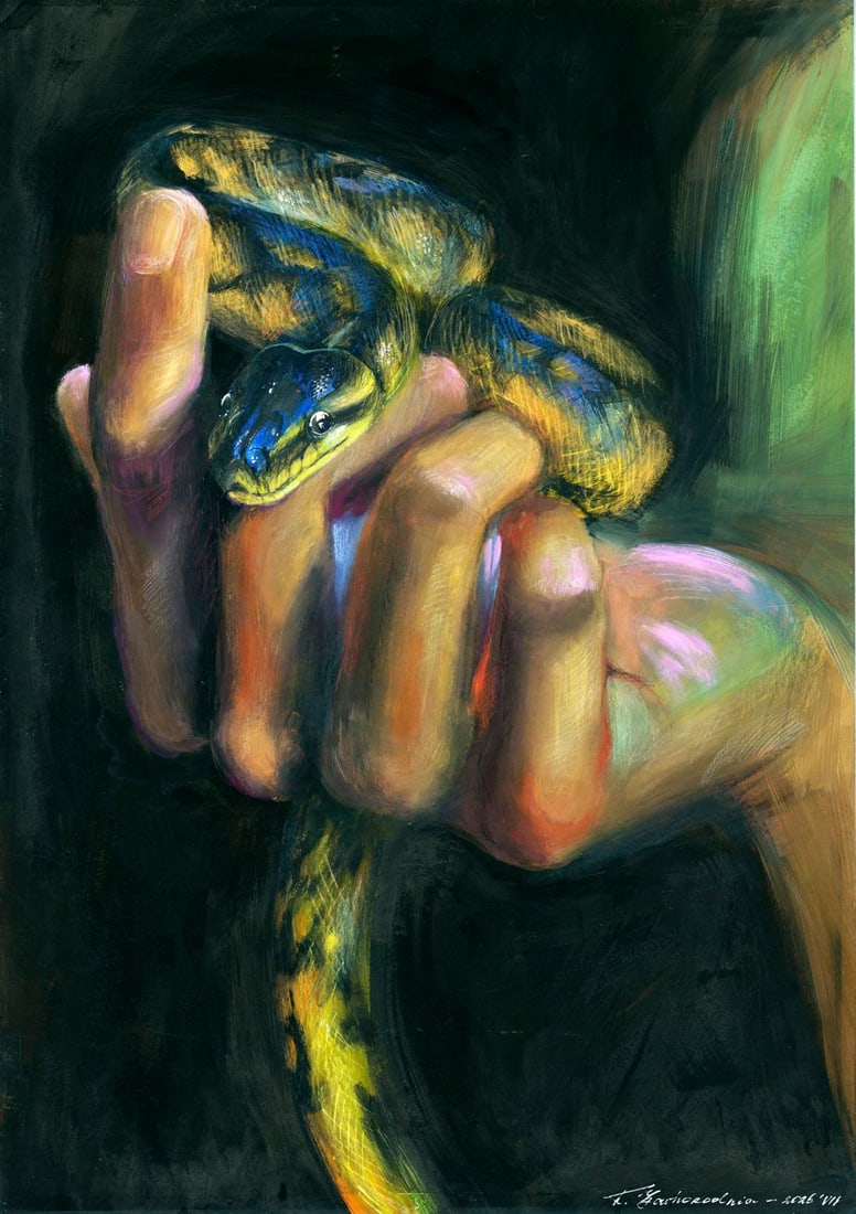 Katerina Zavgorodnya (Ukraine,20/21C) pastel painting: ARTIST: Katerina Zavgorodnya (Ukrainian, 20/21 centuries) TITLE: Snake MEDIUM: pastel on heavy paper CONDITION: Minor damage to the upper left corner. ART SIZE:</