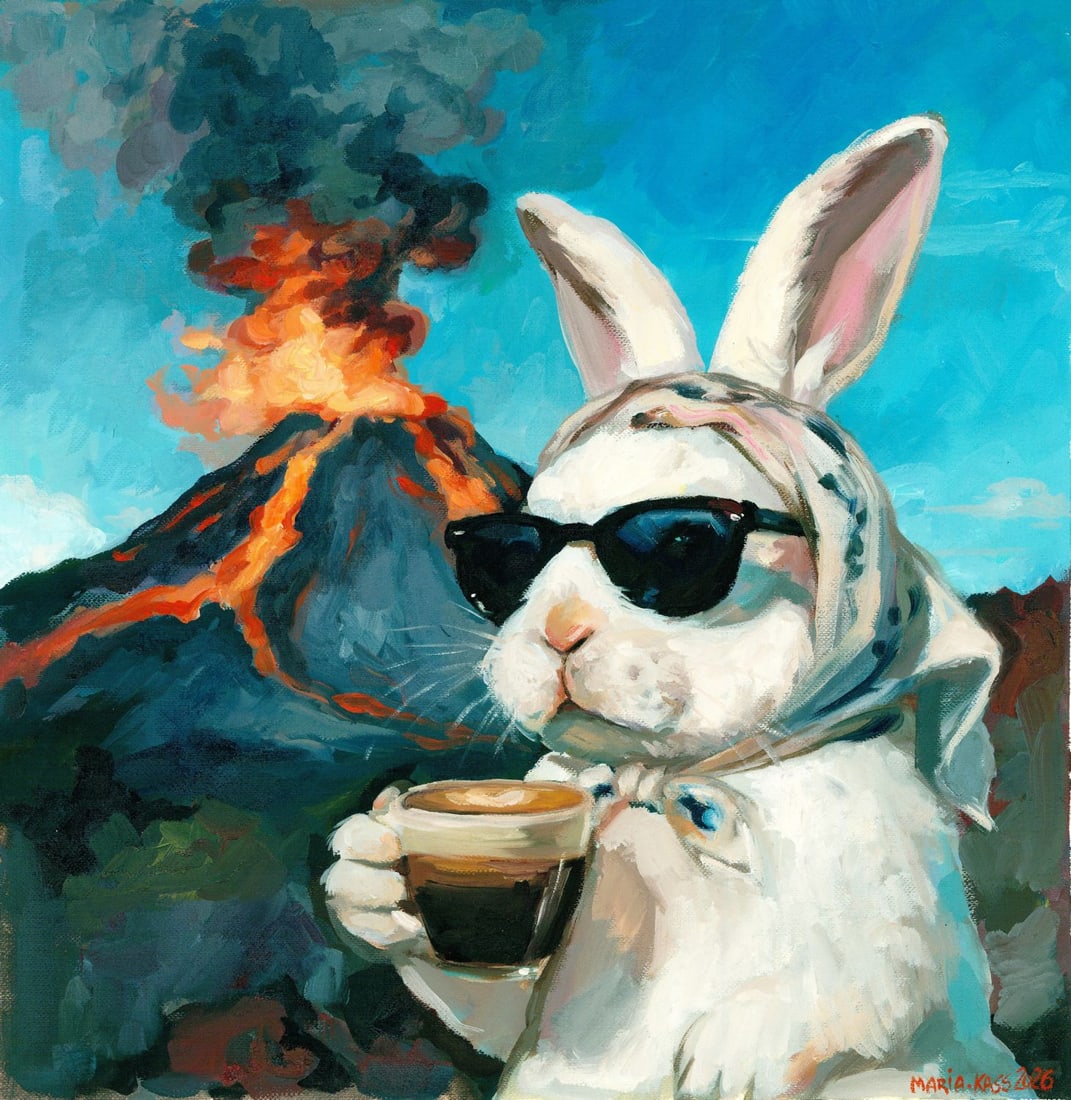 Maria Kasatkina (Ukraine,b 2003) oil painting: ARTIST: Maria Kasatkina (Ukrainian, born 2003) TITLE: Rabbit with Coffee and Volcano MEDIUM: oil on heavy paper CONDITION: Very good. No visible inpaint under UV light. <