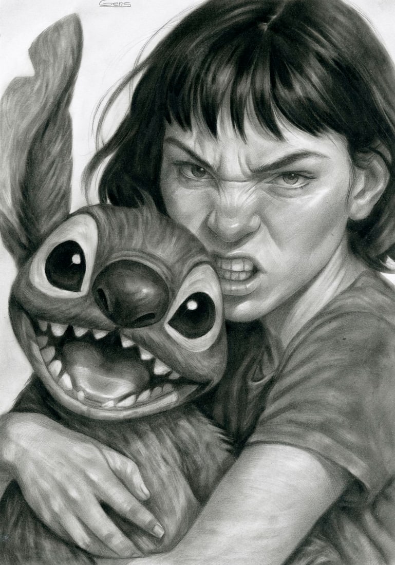 Viktoria Hensetska (Ukraine,20/21C) pastel painting: ARTIST: Viktoria Hensetska (Ukraine, 20/21 centuries) TITLE: Lilo and Stitch MEDIUM: pastel on heavy paper CONDITION: Very good. ART SIZE: 17 x 12 inches