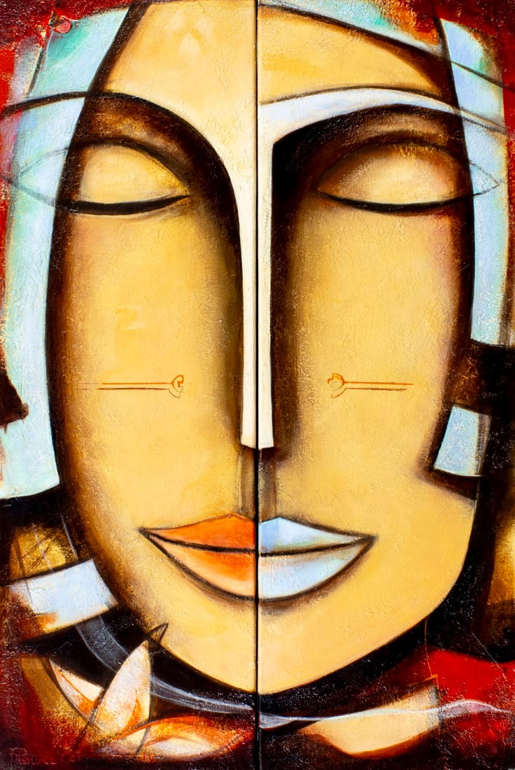 Juan Cotrino (US,Colombia,b 1968) acrylic painting: ARTIST: Juan Cotrino (American, Colombian, born 1968) TITLE: Portrait of Woman YEAR: 2010 MEDIUM: acrylic on canvas CONDITION: Few small paint losses mos