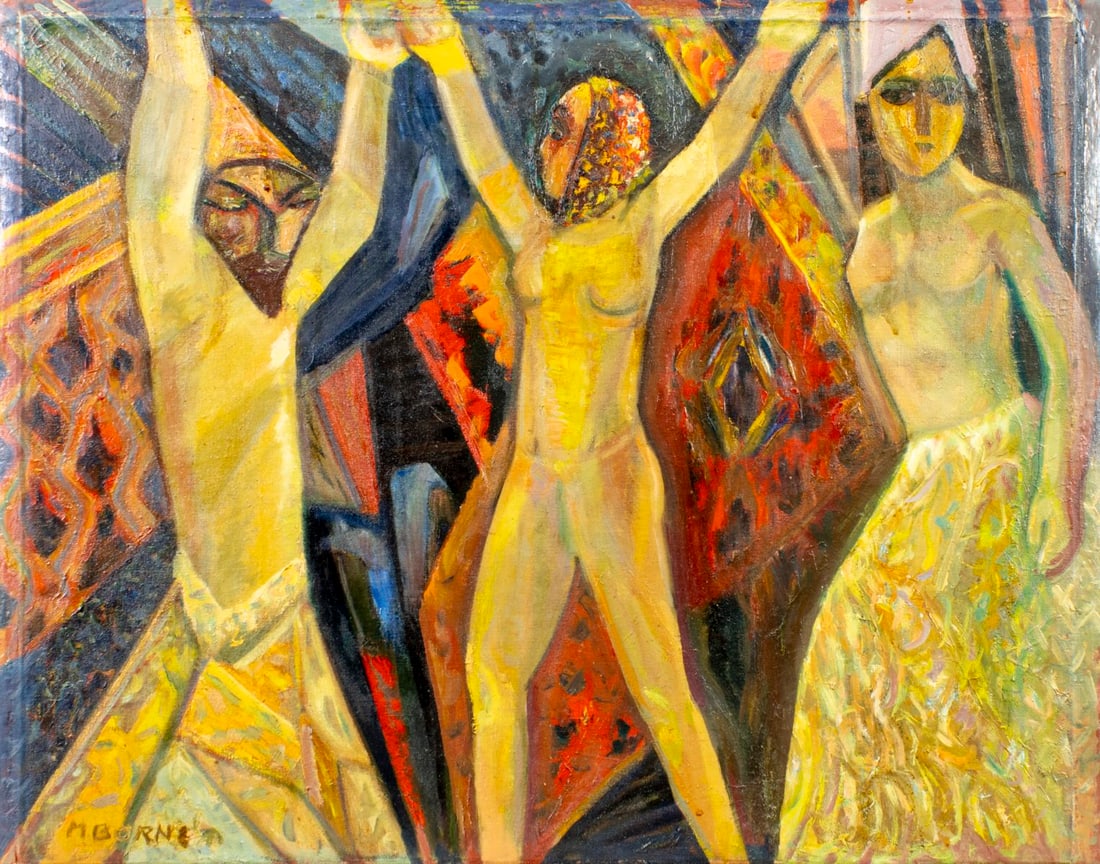 Mortimer Borne (NY,Poland,1902-1987) oil painting: ARTIST: Mortimer Borne (New York, Polish, 1902 - 1987) TITLE: Untitled MEDIUM: oil on canvas CONDITION: Minor scratches/paint losses. Minor craquelure. No visible inpaint un