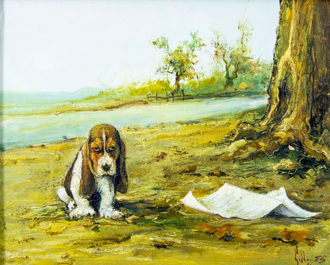 Elio Lazzari (Italy,1942-?) oil painting: ARTIST: Elio Lazzari (Italian,1942 - ???) TITLE: Dog In Landscape YEAR: 1966 MEDIUM: oil on canvas CONDITION: Some paint losses. Minor craquelure. No vis