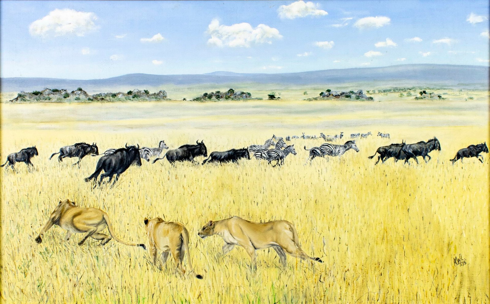 Vintage 20C American oil painting: ARTIST: - (American, 20 century) TITLE: African Wildlife Scene YEAR: 1979 MEDIUM: oil on canvas CONDITION: Few minor scratches/paint losses. Minor craq