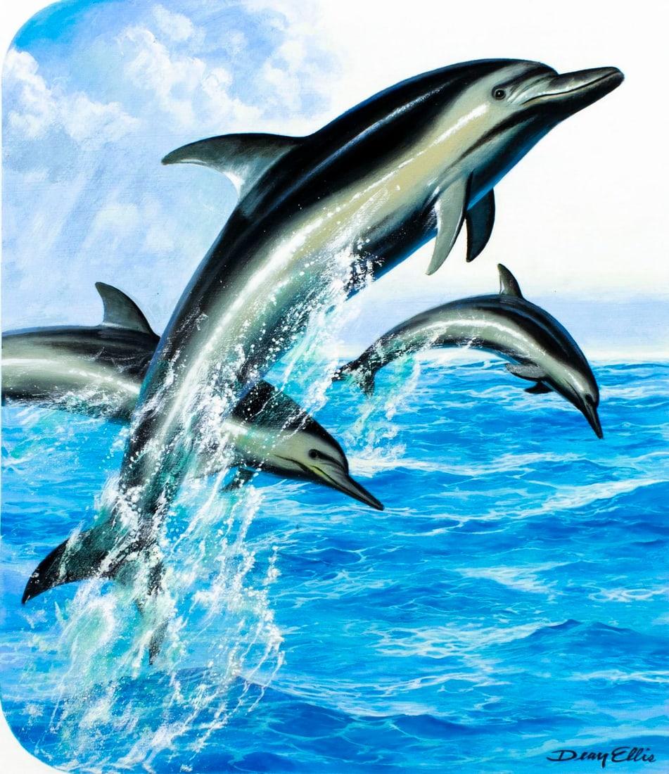 Dean Ellis (NY,1920-2009) oil painting: ARTIST: Dean Ellis (New York, 1920 - 2009) TITLE: Dolphins YEAR: 1990 MEDIUM: oil on board CONDITION: Minor damages to edges and corners. One small pai