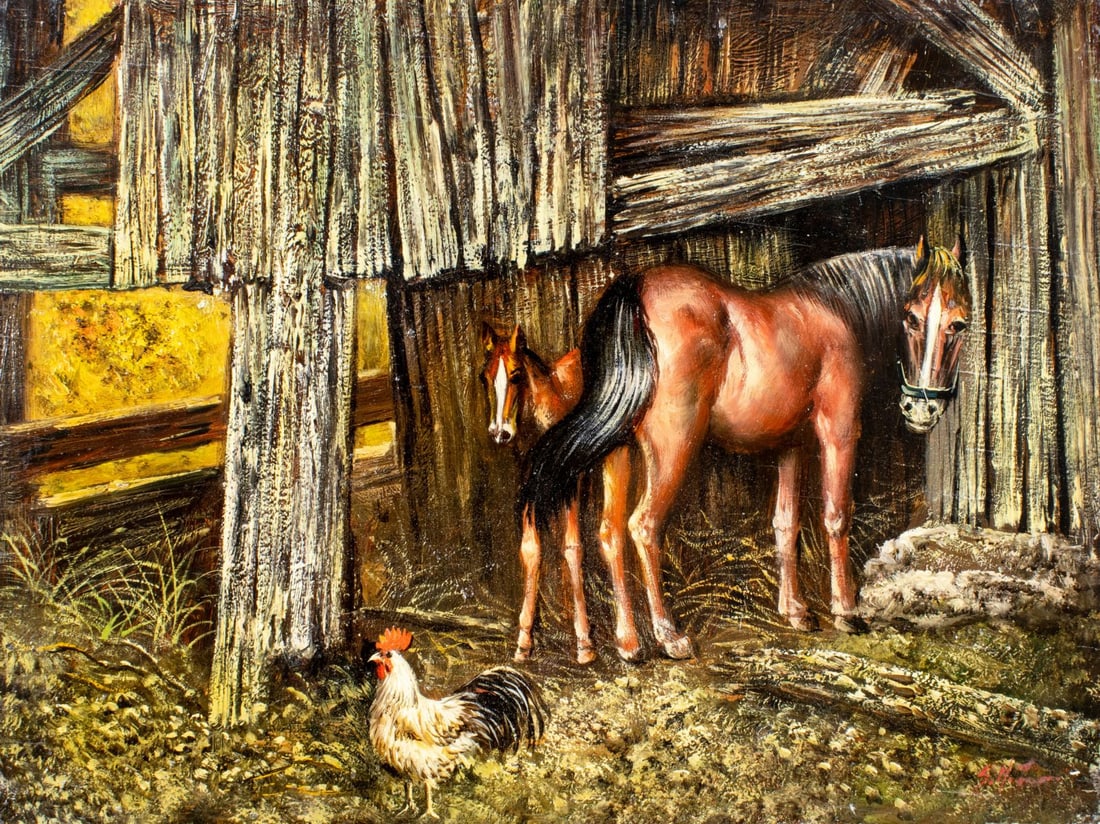 Vintage 20C European oil painting signed: ARTIST: - (Europe, 20 century) TITLE: Barn Scene with Horses and Rooster MEDIUM: oil on board CONDITION: Some horizontal surface cracks. No visible inpaint under UV light.