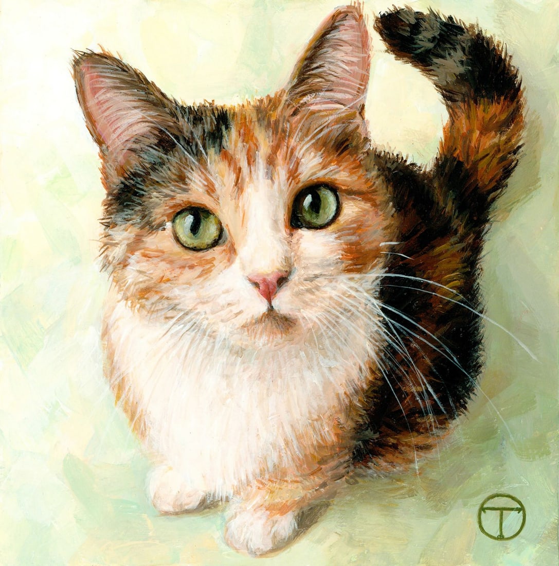 Olia Tomkova (Ukraine,20/21C) acrylic painting: ARTIST: Olia Tomkova (Ukrainian, 20/21 centuries) TITLE: Cat MEDIUM: acrylic on board CONDITION: Very good. ART SIZE: 8 x 8 inches / 20 x 20 cm