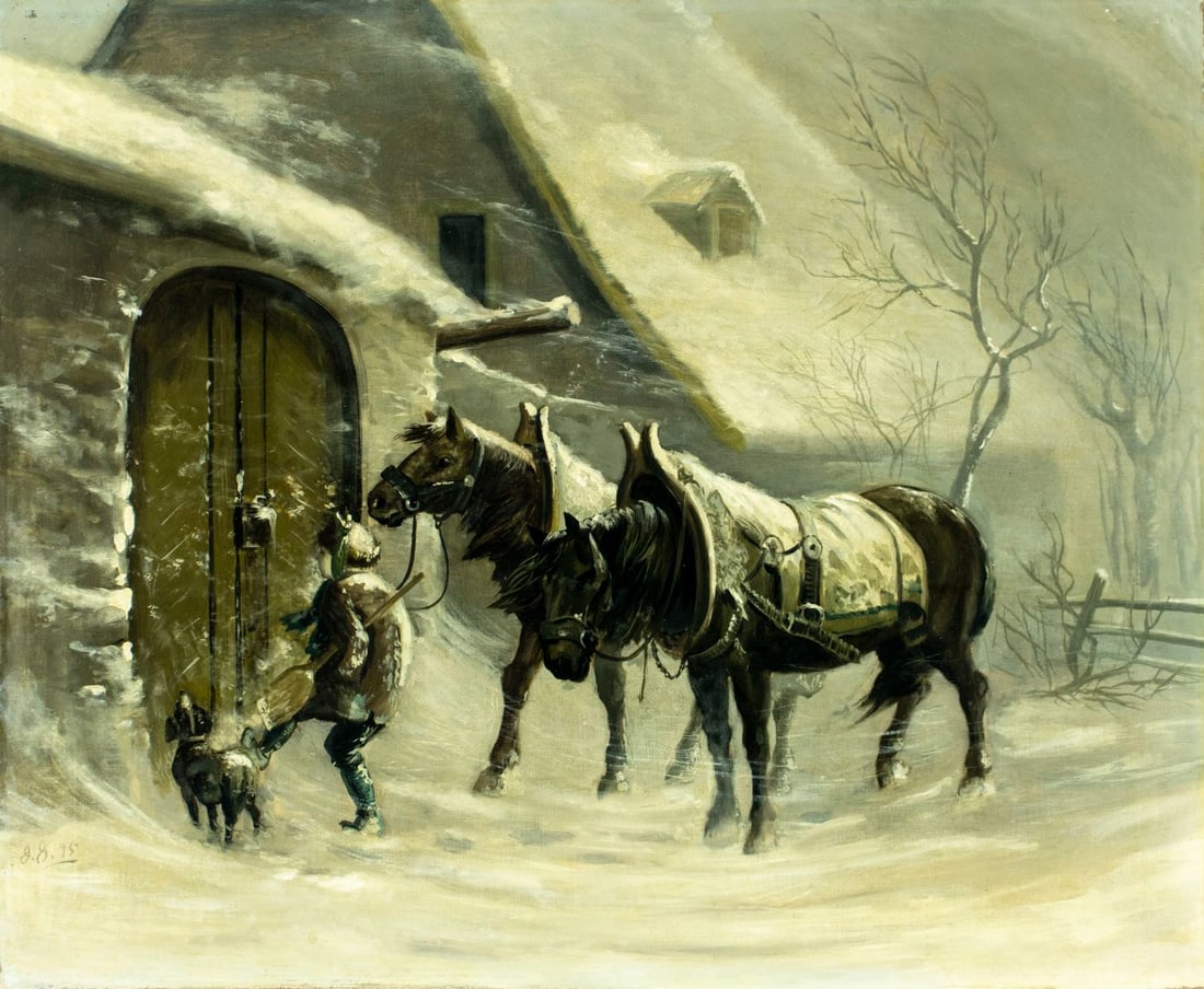 Antique 19C American oil painting signed: ARTIST: - (American, 19 century) TITLE: Horses in Winter YEAR: 1895 MEDIUM: oil on canvas CONDITION: Relined. Few minor paint losses. Minor craquelure.