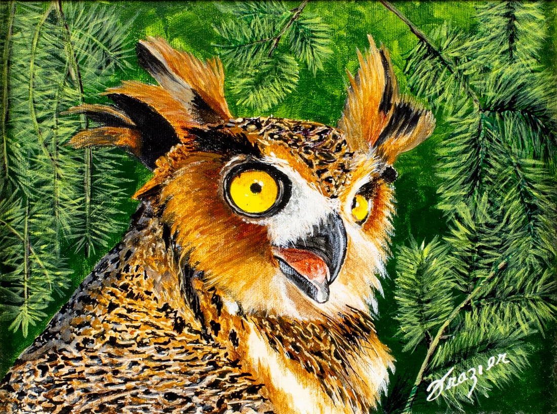 Frazier (US,20/21C) oil painting: ARTIST: Frazier (American, 20/21 centuries) TITLE: Owl MEDIUM: oil on canvas CONDITION: Very good. No visible inpaint under UV light. Wear to frame. ART SIZE: