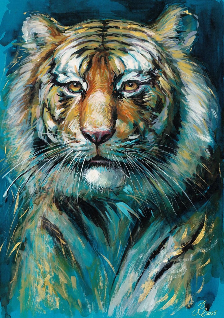 Lyudmila Rudenko (Ukraine,20/21C) mixed media painting: ARTIST: Lyudmila Rudenko (Ukrainian, 20/21 centuries) TITLE: Tiger MEDIUM: mixed media on heavy paper CONDITION: Very good. ART SIZE: 12 x 8 inches / 30