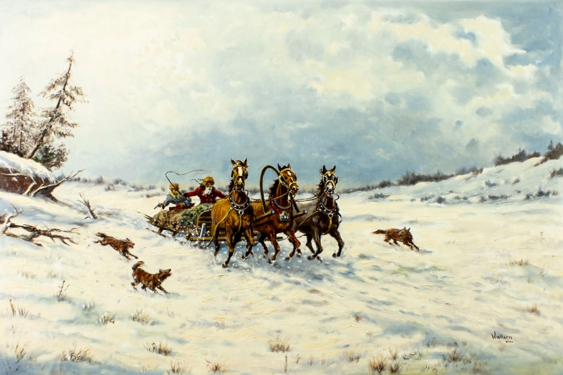 W Wallern (Austria,20C) oil painting: ARTIST: W Wallern (Austrian, 20 century) TITLE: Winter Landscape with Troika MEDIUM: oil on canvas CONDITION: Unstretched (In-House stretching available) (In-House stretchin