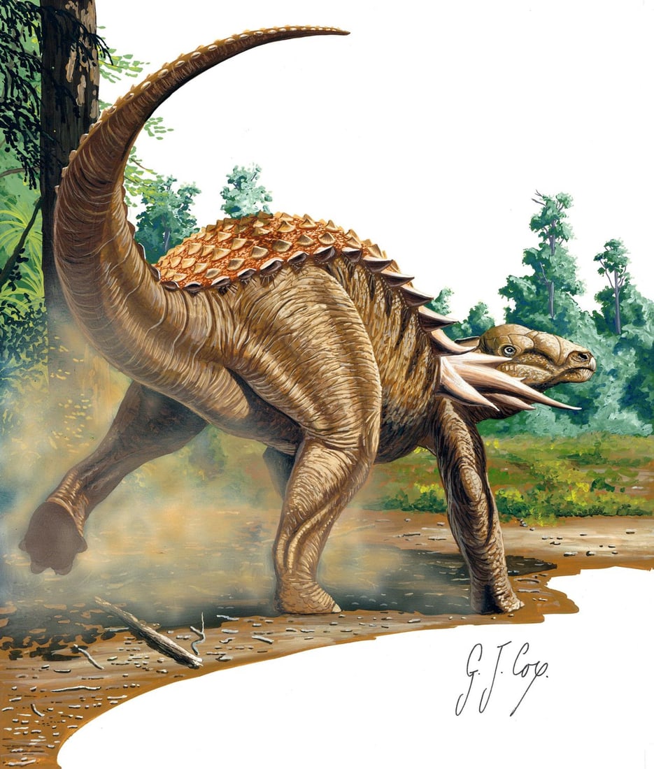 Geoffrey Cox (New Zealand,b 1952) gouache painting: ARTIST: Geoffrey Cox (New Zealand, born 1952) TITLE: Dinosaurs - Edmontia (titled on verso) YEAR: 1997 MEDIUM: gouache on heavy paper CONDITION: Very goo