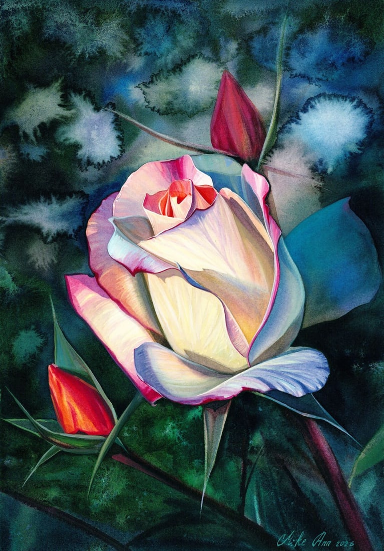 Mikhaylo Dmytriv (Ukraine,b 1997) watercolor painting: ARTIST: Mikhaylo Dmytriv (Ukrainian, born 1997) TITLE: Still Life with Roses MEDIUM: watercolor on heavy paper CONDITION: Very good. ART SIZE: 13 x 9 inc