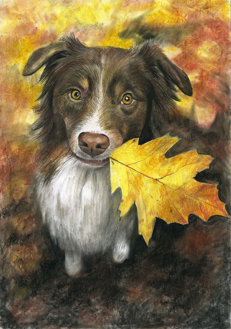 Julia Abramova (Ukraine,20/21C) pastel painting: ARTIST: Julia Abramova (Ukrainian, 20/21 centuries) TITLE: Dog with Leaf MEDIUM: pastel on heavy paper CONDITION: Very good. ART SIZE: 17 x 12 inches / 4