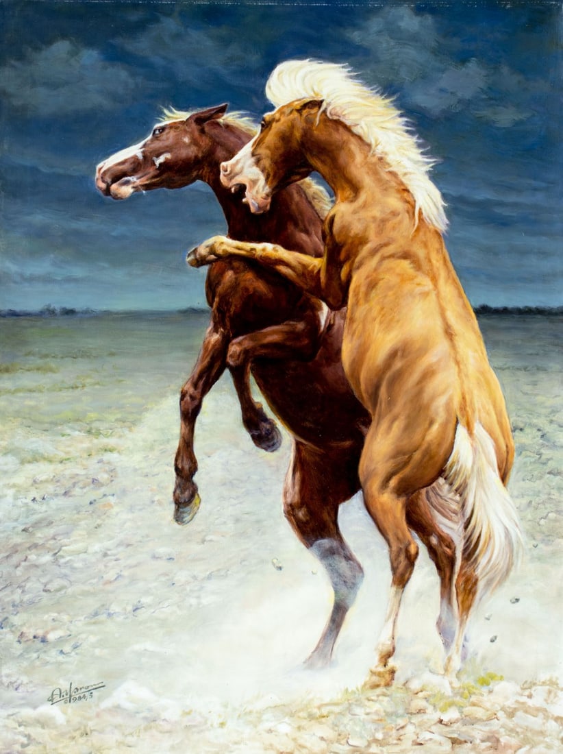 Alexander Yaron (NY,1910-1991) oil painting: ARTIST: Alexander A Yaron (New York, 1910 - 1991) TITLE: Wild Horses YEAR: 1985 MEDIUM: oil on canvas CONDITION: Some scratches/paint losses mostly alo