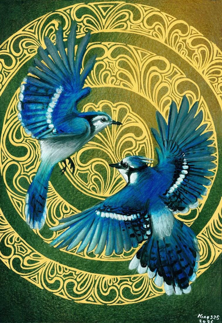 Dmytro Korol (Ukraine,20/21C) mixed media painting: ARTIST: Dmytro Korol (Ukrainian, 20/21 centuries) TITLE: Blue Jay Bird MEDIUM: mixed media on heavy paper CONDITION: Very good. ART SIZE: 12 x 8 inches /