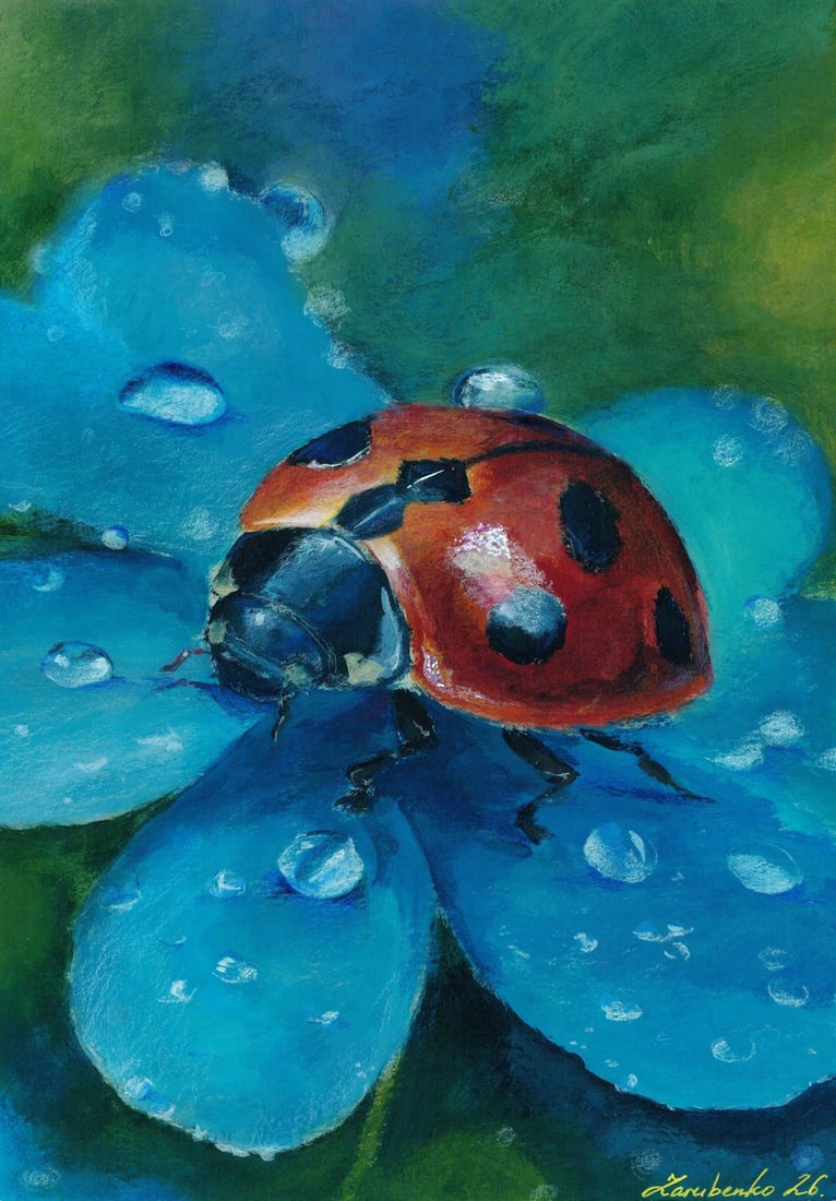 Polina Zarubenko (Ukraine,20/21C) mixed media painting: ARTIST: Polina Zarubenko (Ukrainian, 20/21 centuries) TITLE: Ladybug MEDIUM: mixed media on heavy paper CONDITION: Very good. ART SIZE: 12 x 8 inches / 3