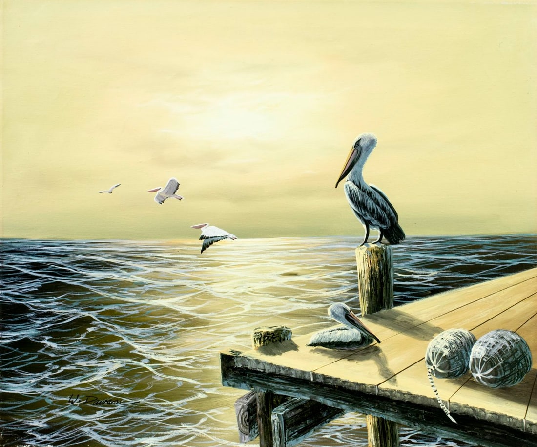 W Dawson (US,20C) oil painting: ARTIST: W Dawson (American, 20 century) TITLE: Seascape with Pelicans MEDIUM: oil on canvas CONDITION: Few small paint losses along edges. Some craquelure. No visible inpain