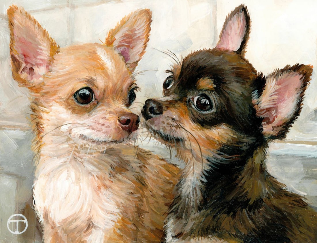 Olia Tomkova (Ukraine,20/21C) acrylic painting: ARTIST: Olia Tomkova (Ukrainian, 20/21 centuries) TITLE: Chihuahua Dogs (titled on verso) MEDIUM: acrylic on board CONDITION: Very good. ART SIZE: 7 x 9
