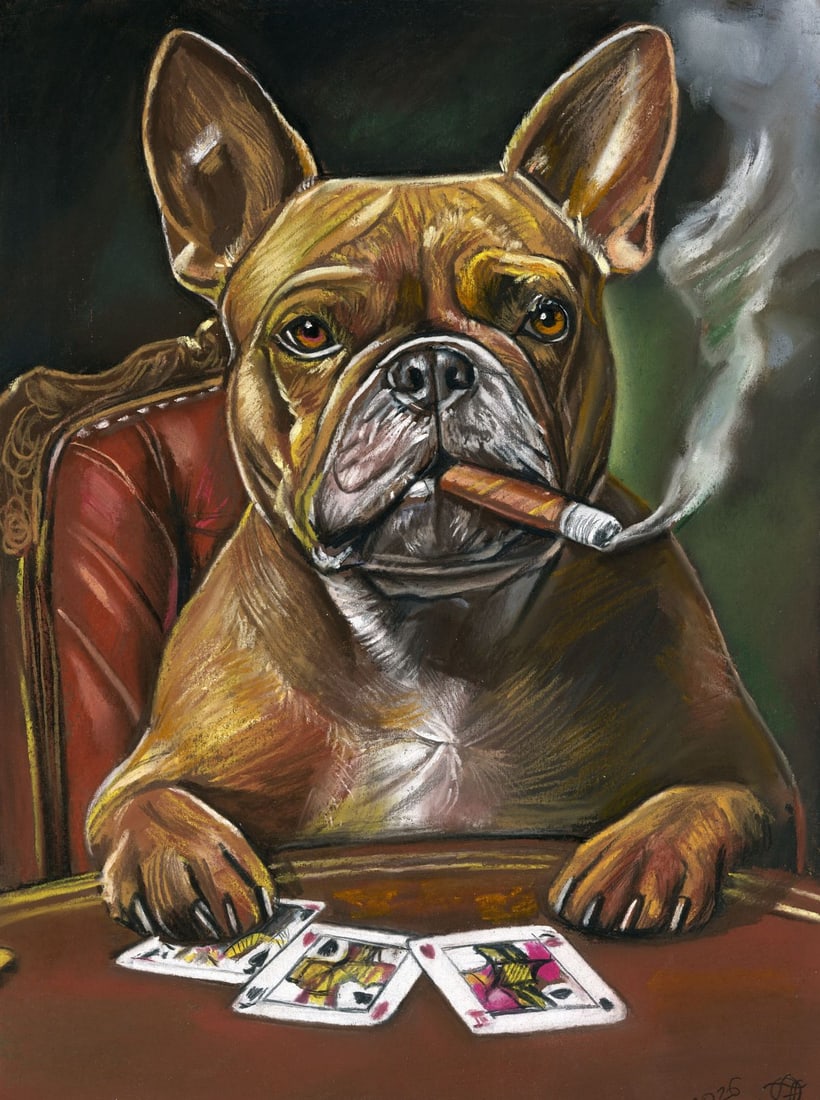 Genadiy Achkasov (Ukraine,b 1965) pastel painting: ARTIST: Genadiy Achkasov (Ukrainian, born 1965) TITLE: Dog Playing Cards MEDIUM: pastel on paper CONDITION: Very good. ART SIZE: 16 x 12 inches / 41 x 30