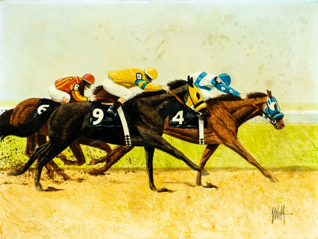 Wolf (US,20C) oil painting: ARTIST: Wolf (American, 20 century) TITLE: Horse Racing MEDIUM: oil on canvas CONDITION: Minor staining. No visible inpaint under UV light. Normal wear to edges.