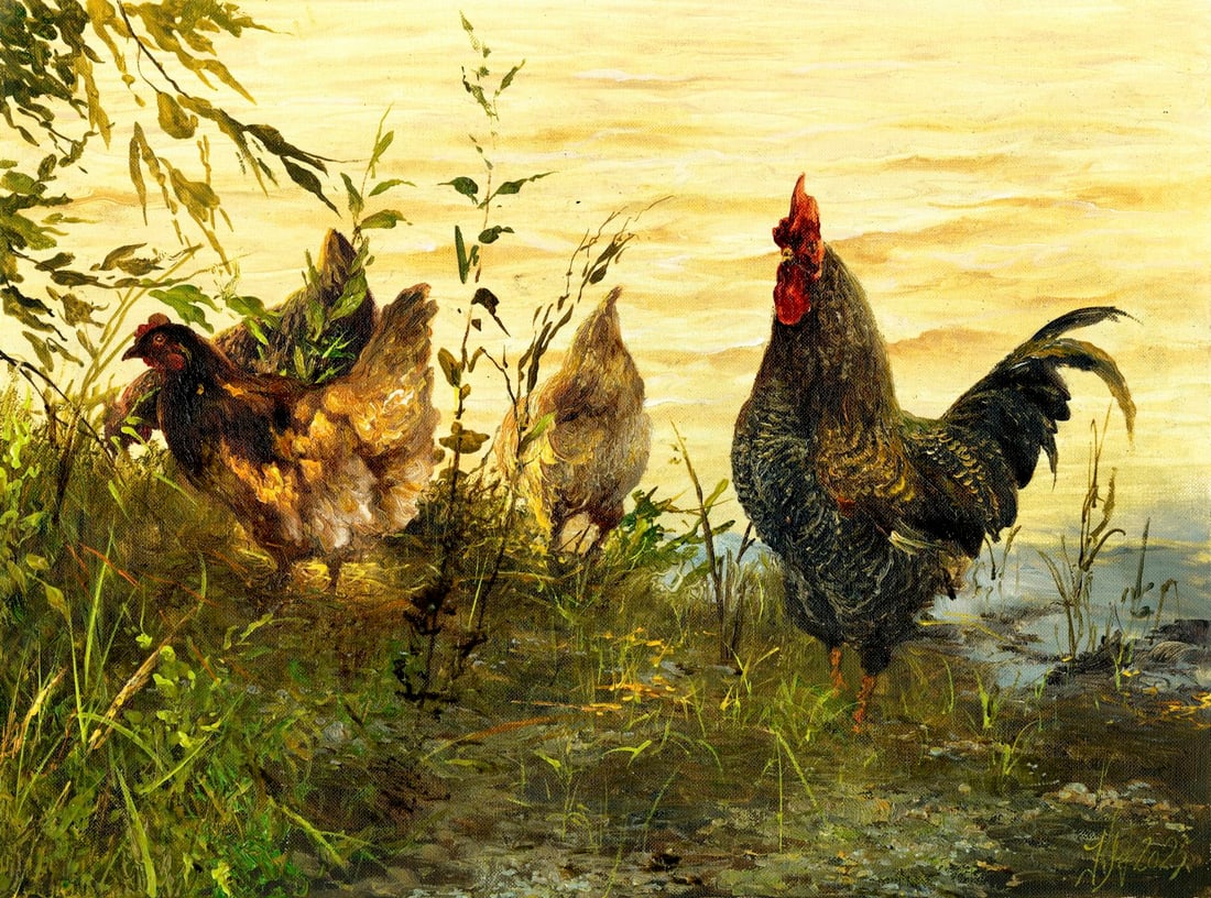 Yuri Klapukh (Ukraine,b 1963) oil painting: ARTIST: Yuri Klapukh (Ukrainian, born 1963) TITLE: Rooster and Hens MEDIUM: oil on heavy paper CONDITION: Very good. No visible inpaint under UV light. ART SIZE:<