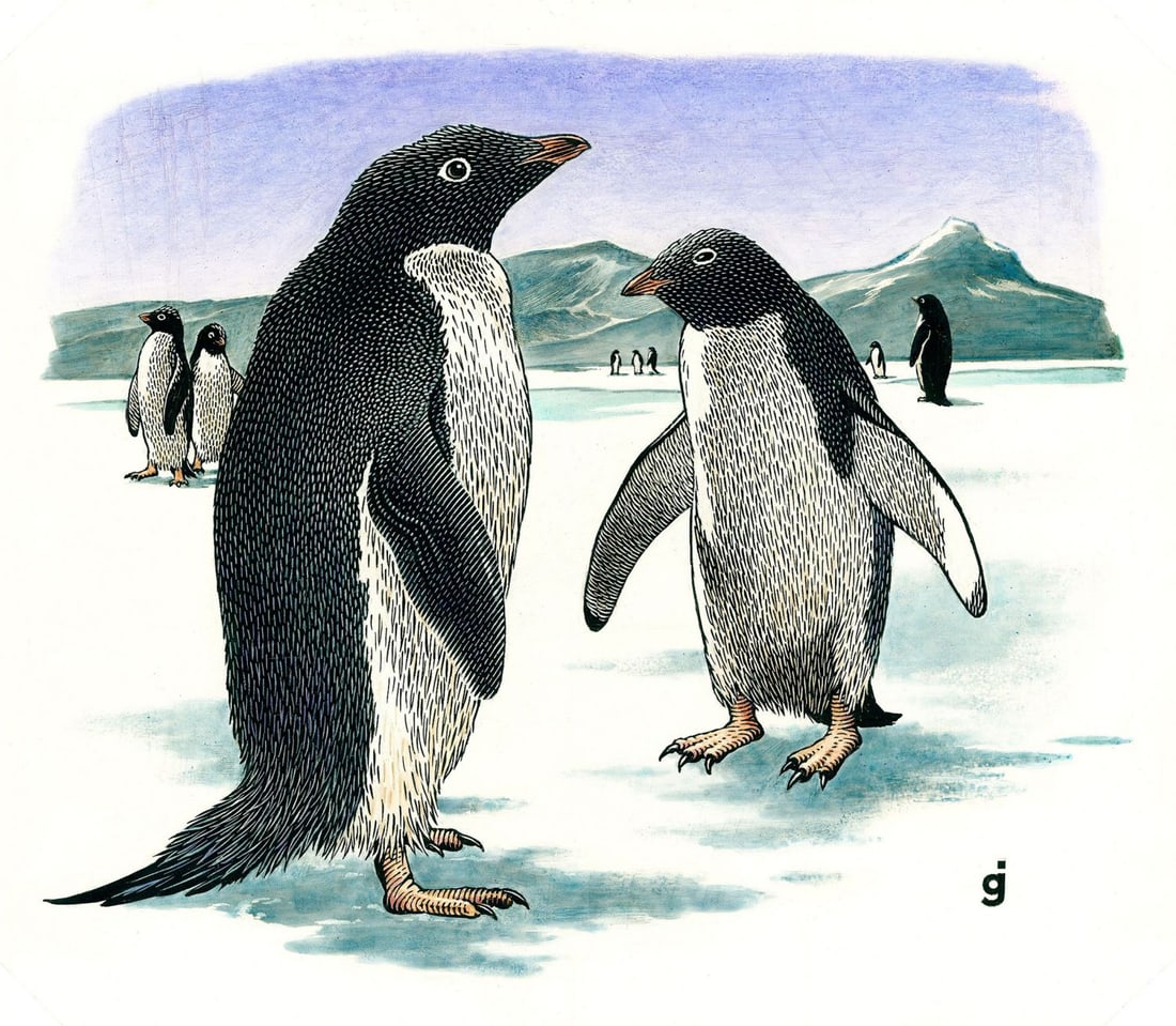 Gene Jarvis (IN,20/21C) mixed media painting: ARTIST: Gene Jarvis (Indiana, 20/21 centuries) TITLE: Adelie Penguin, Australia Antarctic Territory (titled on verso) YEAR: 1988 MEDIUM: mixed media on paper. Paper applied