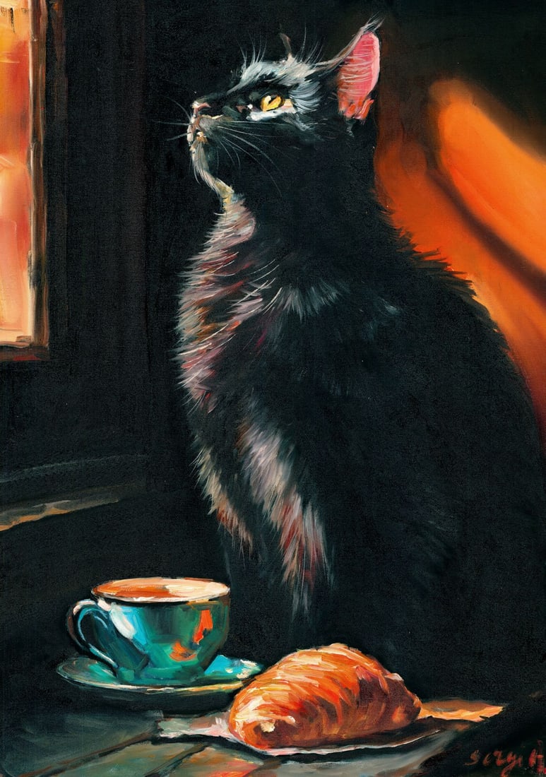 Alex Siryi (Ukraine,b 1997) oil painting: ARTIST: Alex Siryi (Ukraine, born 1997) TITLE: Black Cat MEDIUM: oil on canvas CONDITION: Unstretched (In-House stretching available). Few minor paint losses. No visible inp